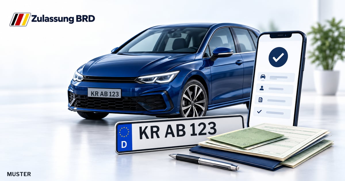 Online Fahrzeugzulassung in Krefeld: Musterkennzeichen KR AB 123, Auto und Fahrzeugpapiere und Smartphone. Illustration mit Logo von Zulassung BRD.